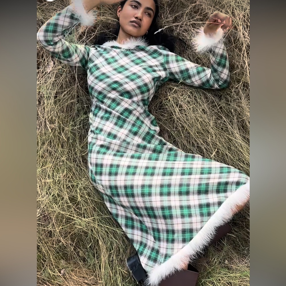 Carmen Says Plaid Green and White Dress with Faux Fur Trim